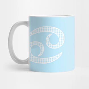 Cancer Zodiac Horoscope Symbol in Pastel Blue and White Gingham Pattern Mug